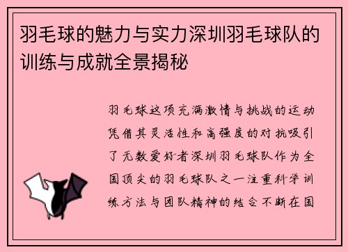 羽毛球的魅力与实力深圳羽毛球队的训练与成就全景揭秘