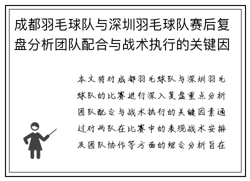 成都羽毛球队与深圳羽毛球队赛后复盘分析团队配合与战术执行的关键因素